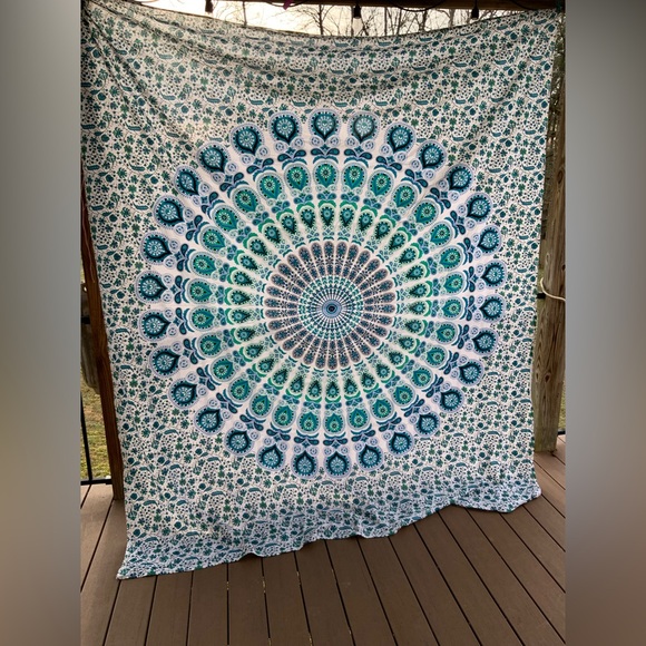 No Label Other - Peacock Mandala Wall Hanging in Teal and White